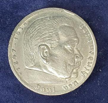 5 Reichsmark Drittes Reich "Hindenburg" 1936 aus 900er Silber