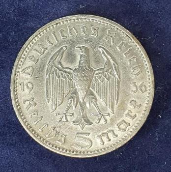 Preview: 5 Reichsmark Drittes Reich "Hindenburg" 1936 aus 900er Silber