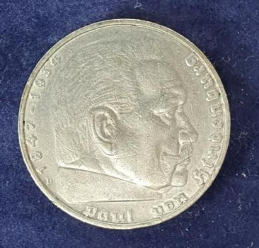 5 Reichsmark Drittes Reich "Hindenburg" 1936 D aus 900er Silber