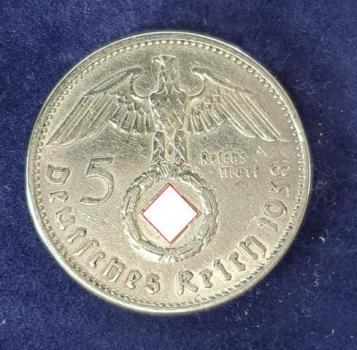 5 Reichsmark Drittes Reich "Hindenburg" 1938 A aus 900er Silber KM94