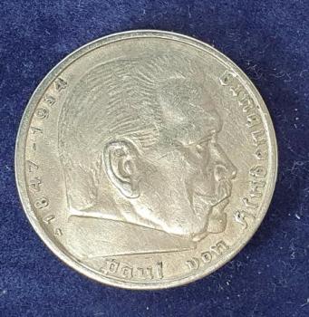 Preview: 5 Reichsmark Drittes Reich "Hindenburg" 1938 A aus 900er Silber KM94