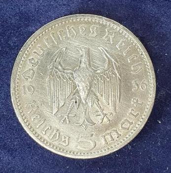 5 Reichsmark Drittes Reich "Hindenburg" 1936 A aus 900er Silber