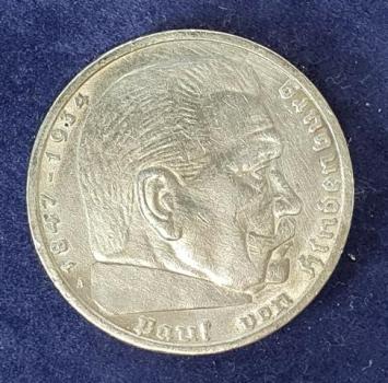 5 Reichsmark Drittes Reich "Hindenburg" 1936 A aus 900er Silber