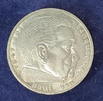 Preview: 5 Reichsmark Drittes Reich "Hindenburg" 1938 F aus 900er Silber KM94
