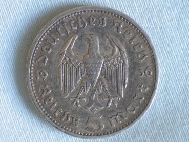 Preview: 5 Reichsmark Drittes Reich 1936 A "Hindenburg", aus 900er Silber