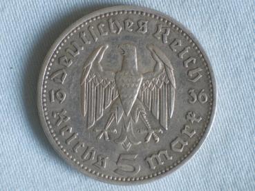 Preview: 5 Reichsmark Drittes Reich "Hindenburg", 1936 A aus 900er Silber