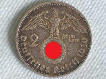 2 Reichsmark "Hindenburg" III Reich 1939 F aus 625er Silber