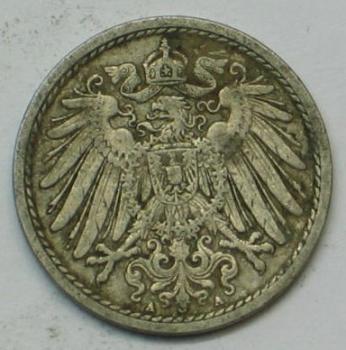 5 Pfennig Kaiserreich 1908 A aus CuNi