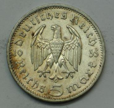 5 Reichsmark "Hindenburg" III Reich 1935 F aus 900er Silber