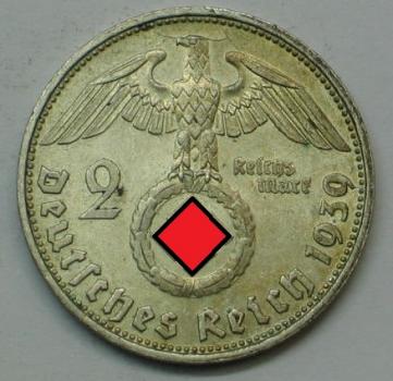 2 Reichsmark "Hindenburg" III Reich 1939 D aus 625er Silber