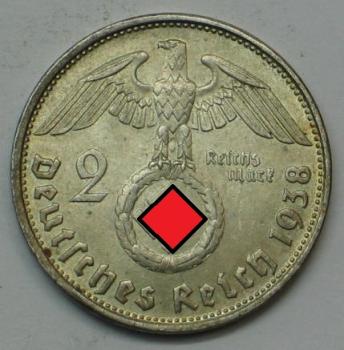 2 Reichsmark "Hindenburg" III Reich 1938 B aus 625er Silber