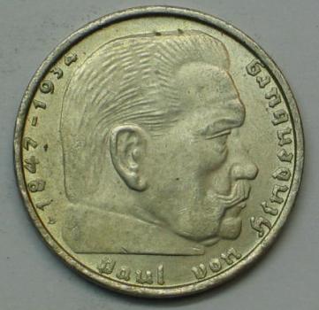 2 Reichsmark "Hindenburg" III Reich 1938 B aus 625er Silber