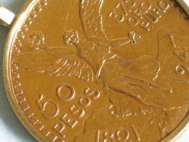Münzanhänger "50 Pesos Mexiko 37,5 Gramm Oro Puro" mit Umrandung aus 750er Gold