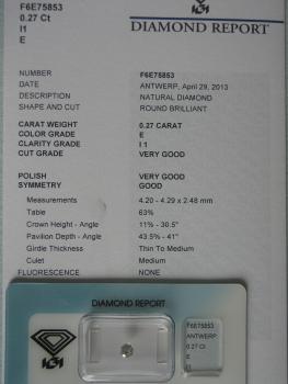 Diamant im Brillantschliff 0.27 ct / I1 / E / VG / VG / G / mit IGI Report