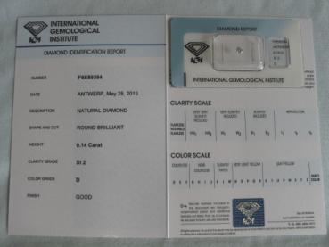 Preview: Diamant im Brillantschliff 0.14 ct / SI2 / D / Good / mit IGI Report