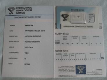 Diamant im Brillantschliff 0.13 ct / VS2 / G / Good / mit IGI Report