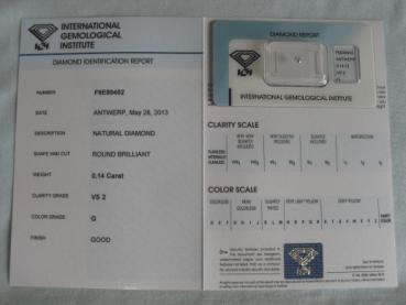 Diamant im Brillantschliff 0.14 ct / VS2 / G / Good / mit IGI Report
