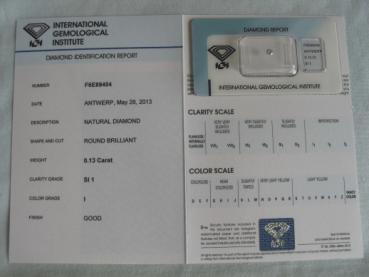 Preview: Diamant im Brillantschliff 0.13 ct / SI1 / I / Good / mit IGI Report