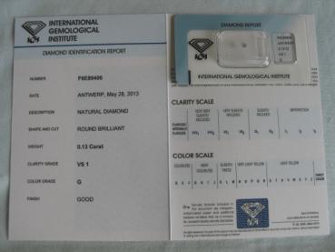 Preview: Diamant im Brillantschliff 0.13 ct / VS1 / G / Good / mit IGI Report