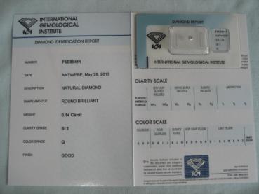 Diamant im Brillantschliff 0.14 ct / SI1 / G / Good / mit IGI Report