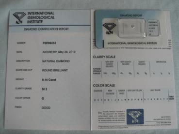 Diamant im Brillantschliff 0.14 ct / SI2 / G / Good / mit IGI Report