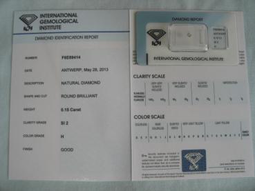 Diamant im Brillantschliff 0.15 ct / SI2 / H / Good / mit IGI Report