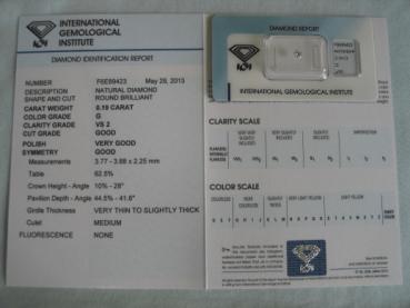 Preview: Diamant im Brillantschliff 0.19 ct / VS2 / G / G/ VG / G / mit IGI Report