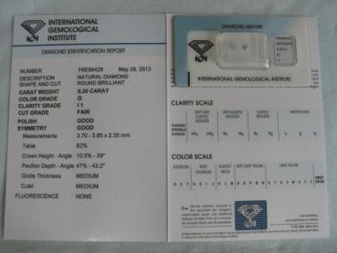 Diamant im Brillantschliff 0.20 ct / I1 / G / F / G / G / mit IGI Report