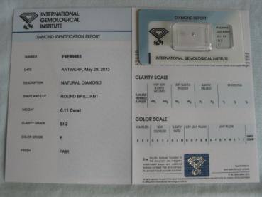Diamant im Brillantschliff 0.11 ct / SI2 / E / Fair / mit IGI Report