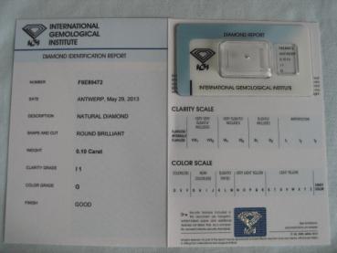 Preview: Diamant im Brillantschliff 0.10 ct / I1 / G / Good/ mit IGI Report