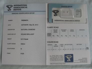 Diamant im Brillantschliff 0.11 ct / VVS2 / H / Fair / mit IGI Report