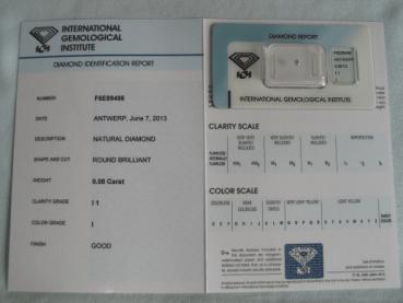 Preview: Diamant im Brillantschliff 0.08 ct / I1 / I / Good / mit IGI Report