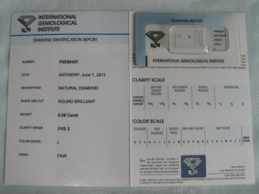 Preview: Diamant im Brillantschliff 0.08 ct / VVS2 / I / Fair / mit IGI Report