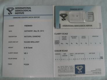 Preview: Diamant im Brillantschliff 0.16 ct / VS1 / I / Poor / mit IGI Report