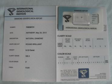 Diamant im Brillantschliff 0.12 ct / VS2 / F / Fair / mit IGI Report