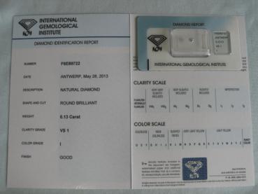 Diamant im Brillantschliff 0.13 ct / VS1 / I / Good / mit IGI Report