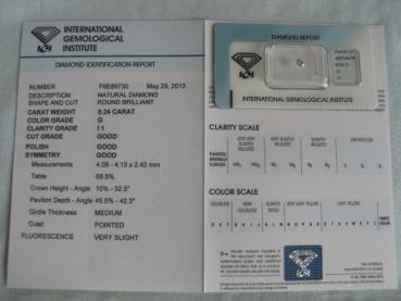 Preview: Diamant im Brillantschliff 0.24 ct / I1/ G / G / G / G / mit IGI Report