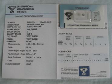 Preview: Diamant im Brillantschliff 0.46 ct / VVS2 / G / VG / VG / G / mit IGI Report