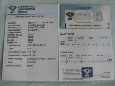 Preview: Diamant im Brillantschliff 0.49 ct / VVS2 / G / G / G / F / mit IGI Report