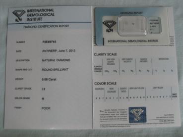 Preview: Diamant im Brillantschliff 0.08 ct / I2 / H / Poor / mit IGI Report