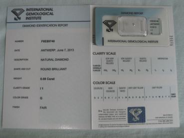 Preview: Diamant im Brillantschliff 0.08 ct / I1 / G / Fair / mit IGI Report