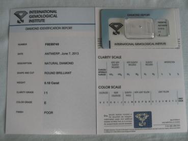 Diamant im Brillantschliff 0.10 ct / I1 / E / Poor / mit IGI Report