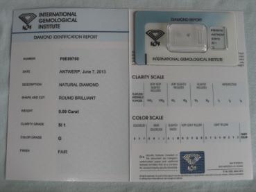 Preview: Diamant im Brillantschliff 0.09 ct / SI1 / G / Fair / mit IGI Report