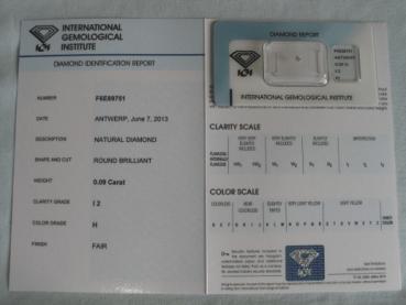 Preview: Diamant im Brillantschliff 0.09 ct / I2 / H / Fair / mit IGI Report