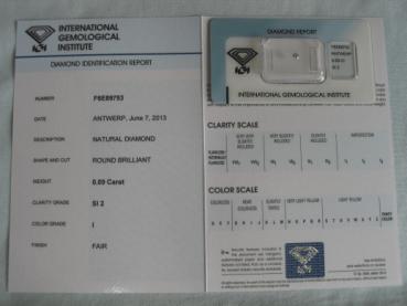 Preview: Diamant im Brillantschliff 0.09 ct / SI2 / I / Fair / mit IGI Report
