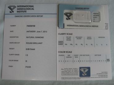 Preview: Diamant im Brillantschliff 0.09 ct / I2 / H / Poor / mit IGI Report