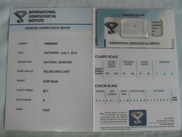 Preview: Diamant im Brillantschliff 0.09 ct / SI1 / F / Fair / mit IGI Report