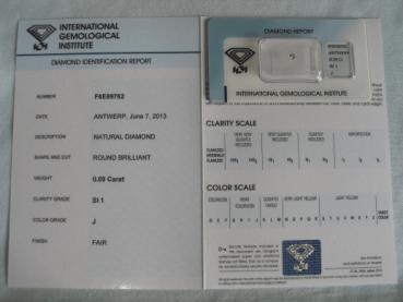 Preview: Diamant im Brillantschliff 0.09 ct / SI1 / J / Fair / mit IGI Report