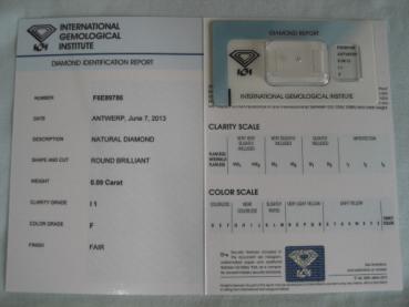 Preview: Diamant im Brillantschliff 0.09 ct / I1 / F / Fair / mit IGI Report