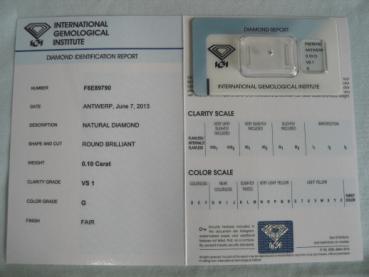 Diamant im Brillantschliff 0.10 ct / VS1 / G / Fair / mit IGI Report
